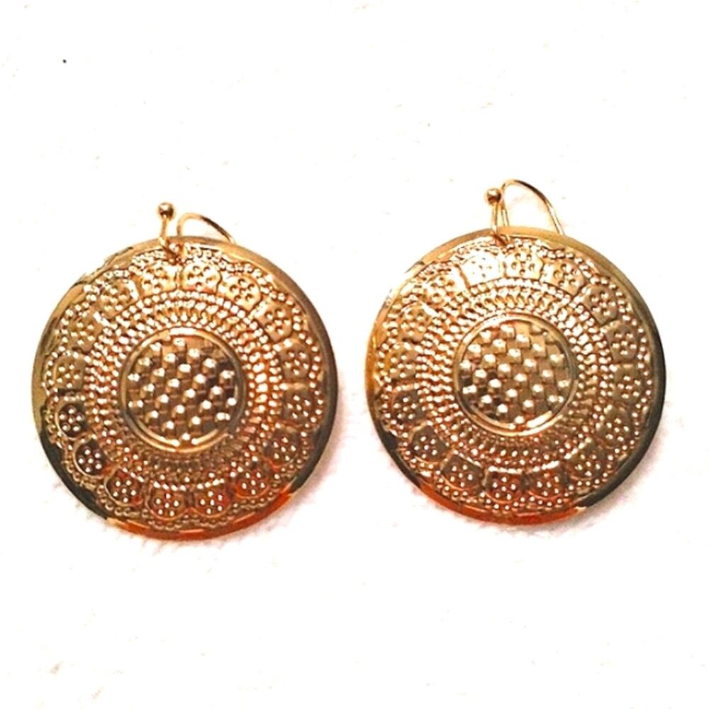 Exotic Round Drop Earrings Mediterranean 2" Gold tone Pierced Glam Elegant Party
